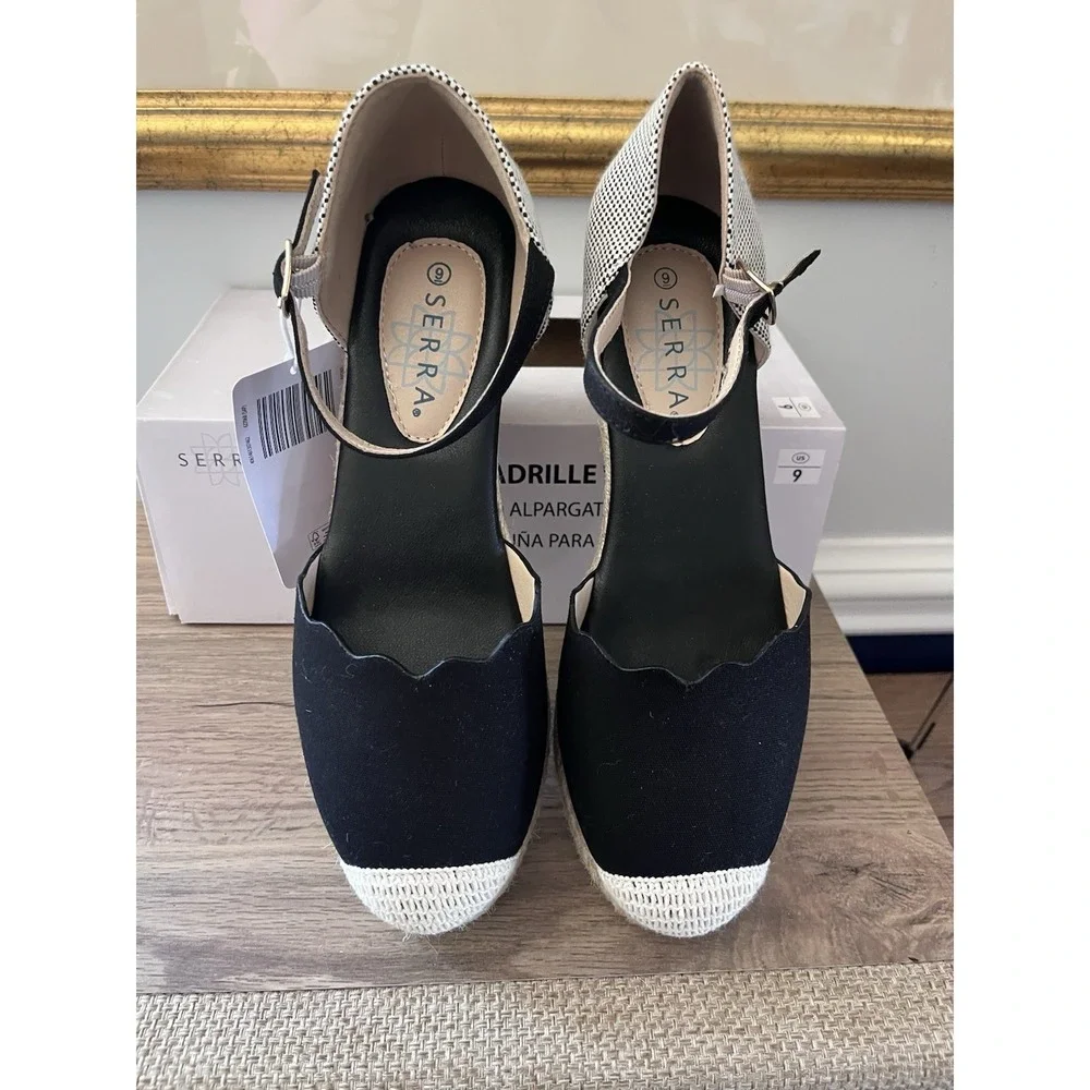 New! Serra Ladies' Espadrille Wedges Black and White Women's Size US 9